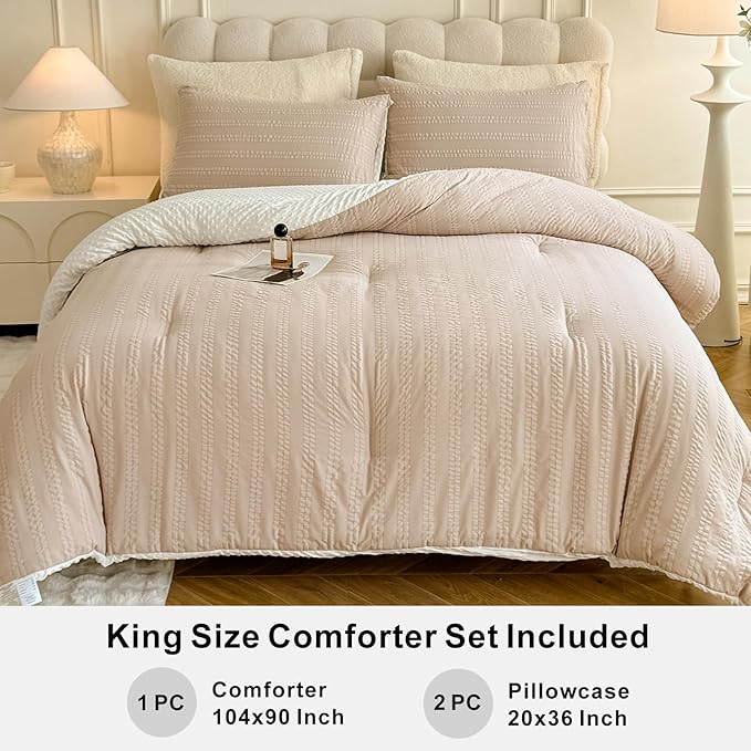 Boho Comforter Set King Size Striped Pleats Bohemian Seersucker Bedding Set All Season Soft Cozy 3 Pieces Quilt with 2 Pillowcases(104"X90" Beige)