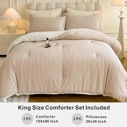 Boho Comforter Set King Size Striped Pleats Bohemian Seersucker Bedding Set All Season Soft Cozy 3 Pieces Quilt with 2 Pillowcases(104"X90" Beige)