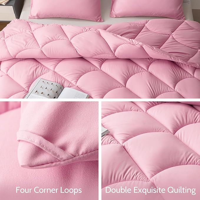 Decroom Lightweight Full Comforter Set with 2 Pillow Sham - 3 Pieces Set - Quilted Down Alternative Comforter/Duvet Insert for All Season - Pink - Full Size