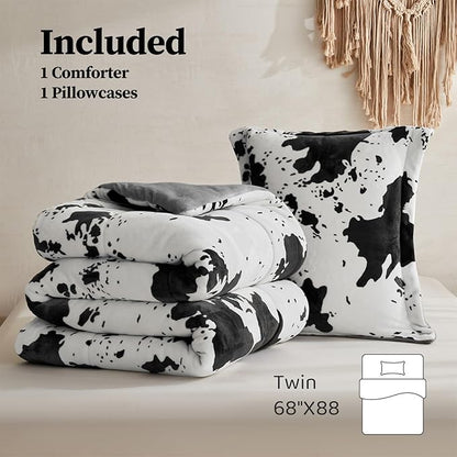 Petrichor Velvet Flannel Twin Comforter Set-Cow Print Western Style Blanket,Luxury Fuzzy Heavy Bedding Set, 2 Pieces Plush Winter Bed Set with Comforter (68"x88") & 1 Pillow Shams (20"x26")