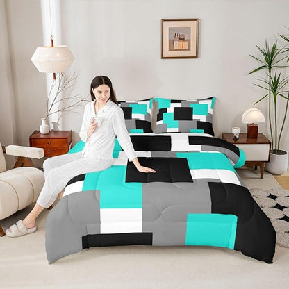 Castle Fairy Modern Square Splicing Boys Girls Comforter Set Full Size,Teal Black Grey Duvet Set Kids Bedroom Decor,Abstract Geometric Grid Microfiber Soft Bedding with 2 Pillowcases