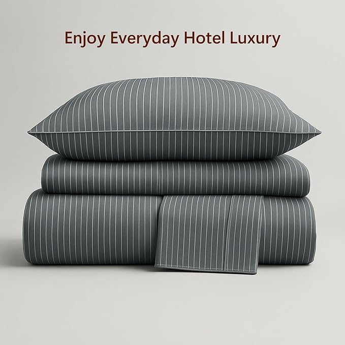 Peru Pima 415 Thread Count Percal California King Sheet Set - 100% Peruvian Pima Cotton, 4 Piece (Flat, Fitted, 2 Pillowcases) - Cooling, Deep Pocket, Hotel Quality Bedding - Pinstripe Grey