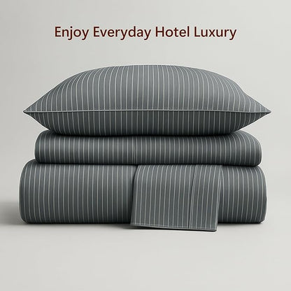 Peru Pima 415 Thread Count Percal California King Sheet Set - 100% Peruvian Pima Cotton, 4 Piece (Flat, Fitted, 2 Pillowcases) - Cooling, Deep Pocket, Hotel Quality Bedding - Pinstripe Grey