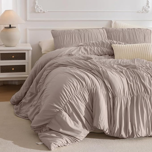 Masaca Ruched Comforter Set Queen,3 Pieces Farmhouse Shabby Boho Chic Ruffle Bedding Comforters & Sets Lightweight Ultra Soft Taupe French Country Vintage Queen Bedding Set for All Season