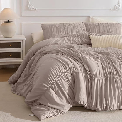 Masaca Oversized King Comforter 120x120,3 Pieces Taupe Ruched Comforter Extra Large,Ruffle Cal King Bed Comforter Oversized Lightweight Shabby Farmhouse Bedroom Bedding Set Ultra Soft