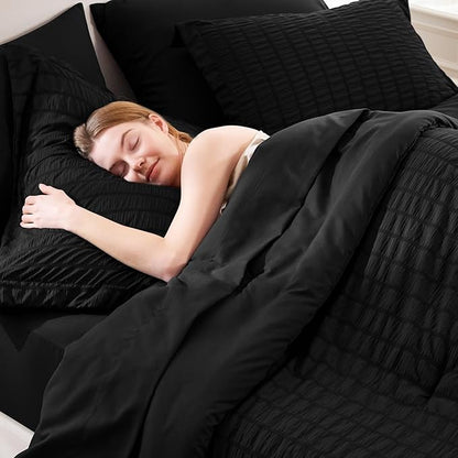 CozyLux Twin Comforter Set with Sheets Seersucker 5 Pieces, Black Bed in a Bag for Bedroom, Textured Luxury Soft Bedding Set with Down Alternative Comforter, Sheets, Pillowcase & Sham for All Seasons