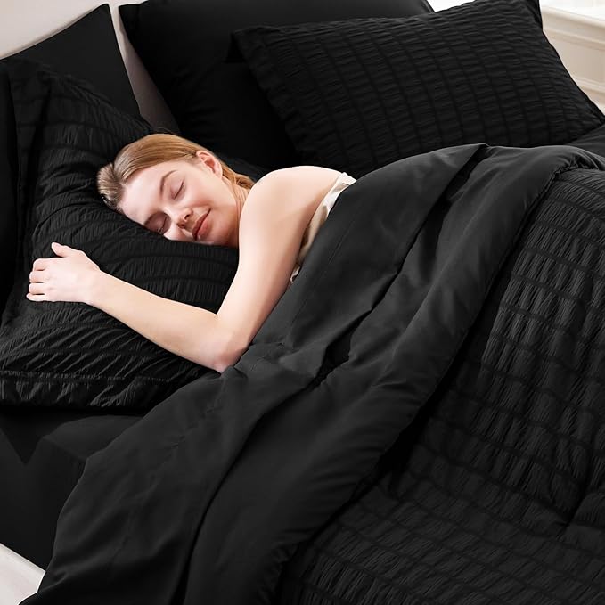 CozyLux King Size Comforter Set Black Seersucker 7 Pieces Bed in a Bag King Comforter Set with Sheets, Luxury Soft Bedding Set with Down Alternative Comforter, Sheets, Pillowcases & Shams All Seasons