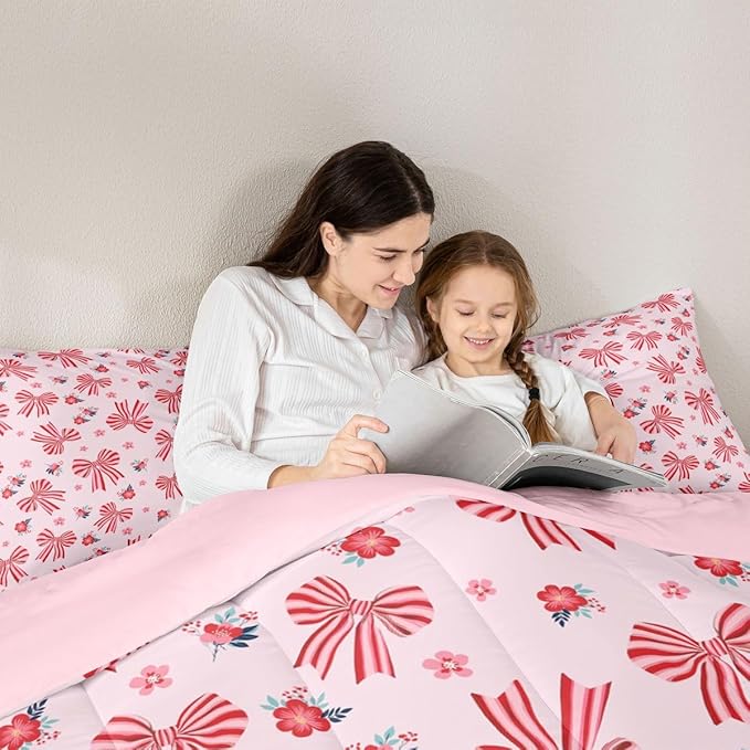 Feelyou Red Pink Pink Bow Comforter Set Toddler Size Cute Floral Bedding Set for Kids Boys Girls Cute Bowknot Duvet Quilt Kawaii Bedroom Decor Microfiber 2 Pcs with 1 Pillow Cases