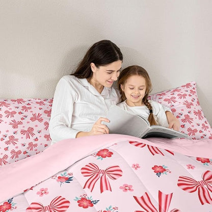 Feelyou Red Pink Pink Bow Comforter Set Twin Size Cute Floral Bedding Set for Kids Boys Girls Cute Bowknot Duvet Quilt Kawaii Bedroom Decor Microfiber 2 Pcs with 1 Pillow Cases