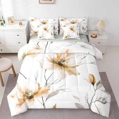 Erosebridal Champagne Flower Queen 7 Pieces Bedding Set, Boho Floral Comforter Set with Sheets, Elegant Flower Boho Bed in A Bag for Women Adults Girls Bedroom, Watercolor Flowers Bed Sets