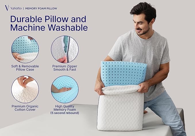 Vaverto Memory Foam Pillow 2-Pack – Cooling Gel-Infused Orthopedic Pillows for Neck and Shoulder Pain Relief, Firm Support with Removable Viscose Made from Bamboo Covers – Set of 2 Standard Size