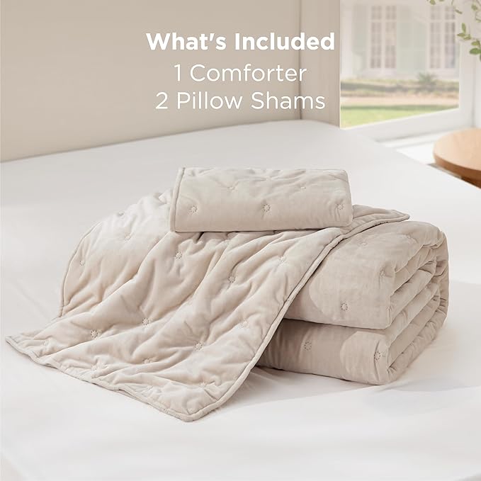 Bedsure Velvet Fleece Comforter Set Queen, Beige Lightweight Quilted Bedding Set, Soft Warm Blanket for All Season, 3 Pieces, 1 Comforter (90" x 90") and 2 Pillow Shams (20" x 26")