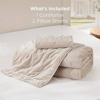 Bedsure Velvet Fleece Comforter Set Queen, Beige Lightweight Quilted Bedding Set, Soft Warm Blanket for All Season, 3 Pieces, 1 Comforter (90" x 90") and 2 Pillow Shams (20" x 26")