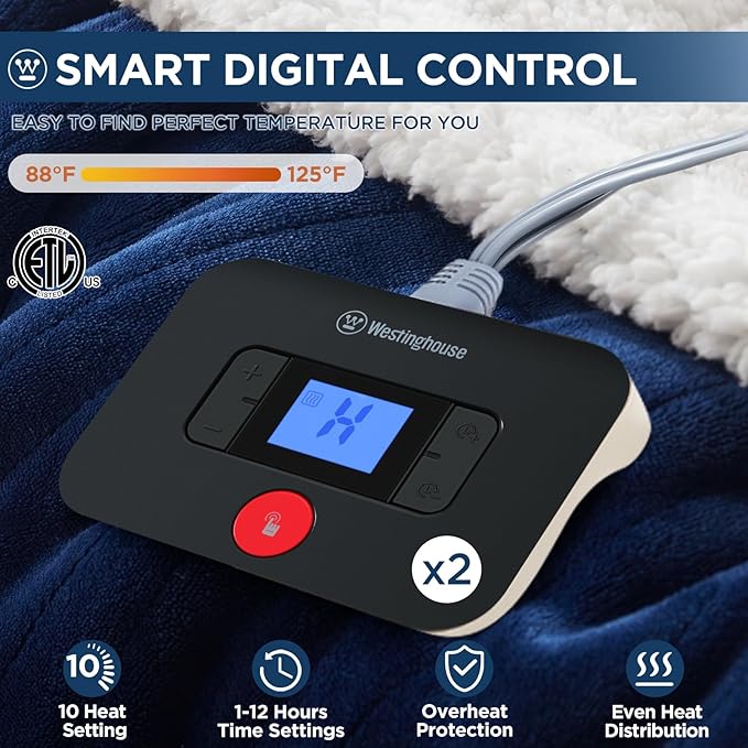 Westinghouse Electric Blanket Queen, Heated Blanket Queen Size with 10 Heating Levels and 1 to 12 Hours Heating Time Settings, Flannel to Sherpa Reversible, Machine Washable (84" x 90", Navy)