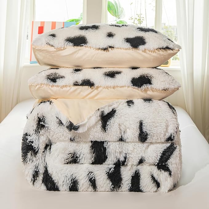 chovy Faux Fur Tie-Dyed Cow Print Black White Comforter Sets Queen - 3PC Bed Set Ultra Soft Plush Flannel Velvet Fluffy Fuzzy Bedding（Comforter x 1 Pillowcases x 2）