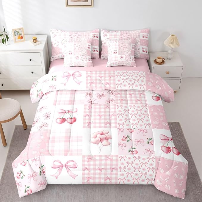 Feelyou Pink Bow Comforter Set with Sheets 7 Piece Twin Size Cherry Prints Bed in a Bag Kids Boys Girls Heart Pattern Bedding Set Cute Bowknot Bedroom Decor Breathable Soft Lightweight Microfiber