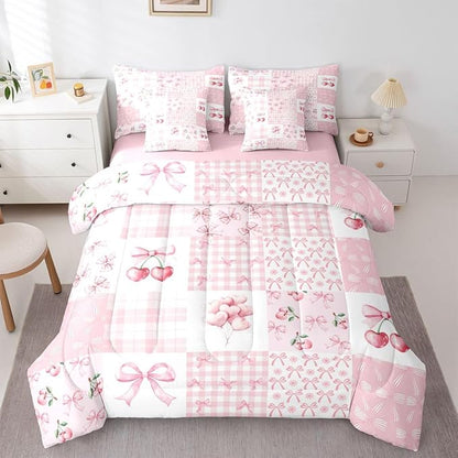 Feelyou Pink Bow Comforter Set with Sheets 7 Piece King Size Cherry Prints Bed in a Bag Kids Boys Girls Heart Pattern Bedding Set Cute Bowknot Bedroom Decor Breathable Soft Lightweight Microfiber