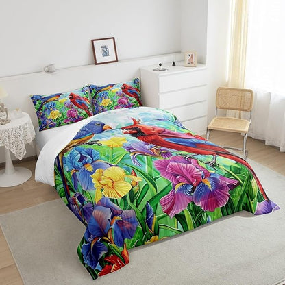 Erosebridal Cardinal Bird Comforter Set Hummingbird Floral Bedding Set Twin Retro Watercolor Rustic Iris Flowers Quilt Comforter for Kids Adults Country Farmhouse Bed Set Colorful Home Decor