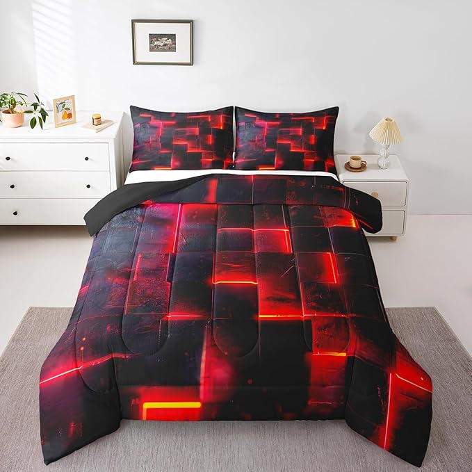 Red and Black Bedding King 3D Glowing Buffalo King Comforter Set, Modern Abstract Art Bedding Comforter Sets Geometric Plaid Duvet Insert, Gradient Futuristic Cubes Down Comforter (Black Reversible)