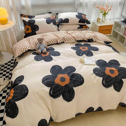 CLOTHKNOW Black Floral Queen Comforter Set Sunflower Bedding Comforter Sets Brown Plaid Comforter Soft Botanical Queen Comforter with 2 x Pillow Cases