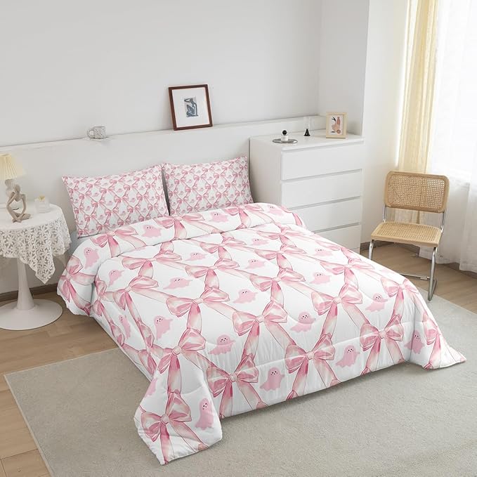 Erosebridal Pink Bow Kids Comforter Sets,Kwaii Bowknot Ribbon Qeen Bedding Set for Girls,Cute Ghost Print Down Comforter Geometric Check Bow Tie Bed Set Room Decor 3 Pcs