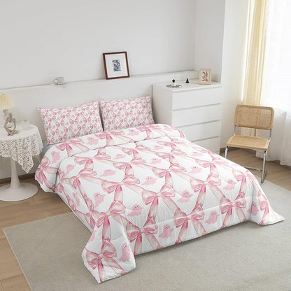 Erosebridal Pink Bow Kids Comforter Sets,Kwaii Bowknot Ribbon King Bedding Set for Girls,Cute Ghost Print Down Comforter Geometric Check Bow Tie Bed Set Room Decor 3 Pcs