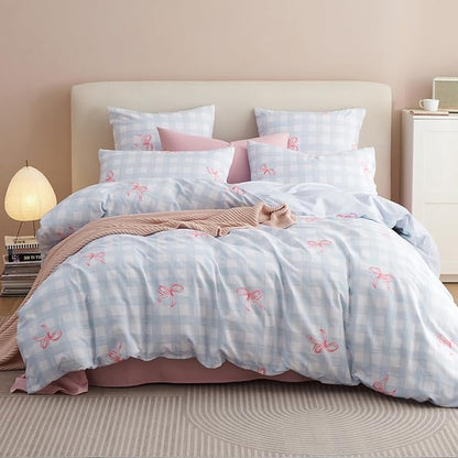 Blue Plaid Comforter Set Full Size - Pink Bow Quilt Bedding Set 3 Pieces, Gingham Comforter Set Full, Soft & Lightweight Comforter(79‘’ x 90‘’) for Girl All Season & 2 Pillowcases(30‘’x20‘’)