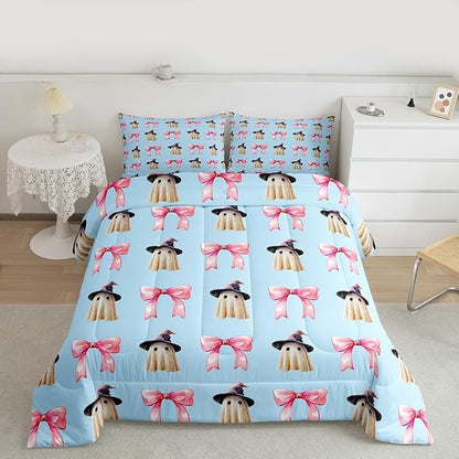 Erosebridal Halloween Ghost Bedding Set Queen, Ghost with Wizard Hat Pink Bow Comforter Set, Cute Blue Spooky Comforter for Kid Boys Girls Teens Women Kawaii Room Decor, Halloween Decorations Quilt