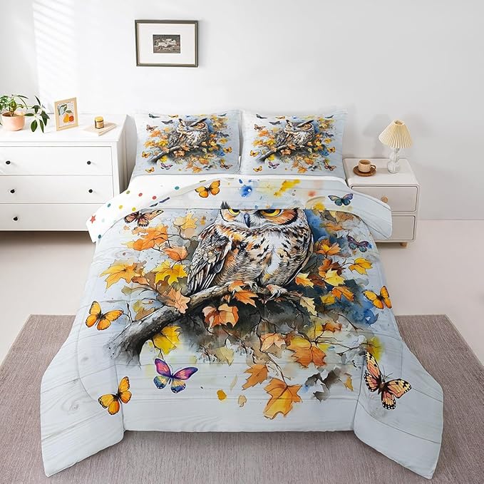 Fall Owl Kids Comforter Set Queen Size,Retro Fallen Maple Leaves Bedding Set,Boys Girls Men Room Decor,Jugnle Wild Birds Down Comforter,Autumn Butterfly Duvet Insert,2 Pillowcases