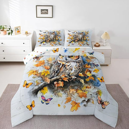 Fall Owl Kids Comforter Set King Size,Retro Fallen Maple Leaves Bedding Set,Boys Girls Men Room Decor,Jugnle Wild Birds Down Comforter,Autumn Butterfly Duvet Insert,2 Pillowcases