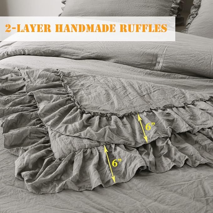 Masaca Gray Ruffled Comforter Set King,Farmhouse Shabby Boho Chic Bedding Comforter Lightweight Fluffy Aesthetic Vintage Rustic Bedding 3 Pieces (1 Ruffle Comforter and 2 Pillowcases)