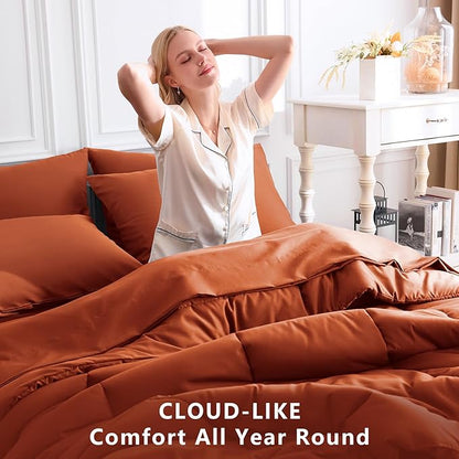 CozyLux Queen Comforter Set Terracotta, 7 Pieces Bed in a Bag, Burnt Orange Fall Comforter Queen Size, All Season Bedding Sets with Stitch Quilted Comforter, Flat Sheet, Fitted Sheet, Pillowcases
