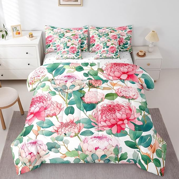 Feelyou Flower Comforter Set Queen Size 7 Pieces Palm Leaf Bedding Set for All Season Floral Blossom Tropical Botanical Nature Decor Bed in a Bag with Comforter, Sheets, Pillowcases & Cushion Cover