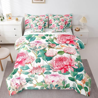 Feelyou Flower Comforter Set Full Size 7 Pieces Palm Leaf Bedding Set for All Season Floral Blossom Tropical Botanical Nature Decor Bed in a Bag with Comforter, Sheets, Pillowcases & Cushion Cover