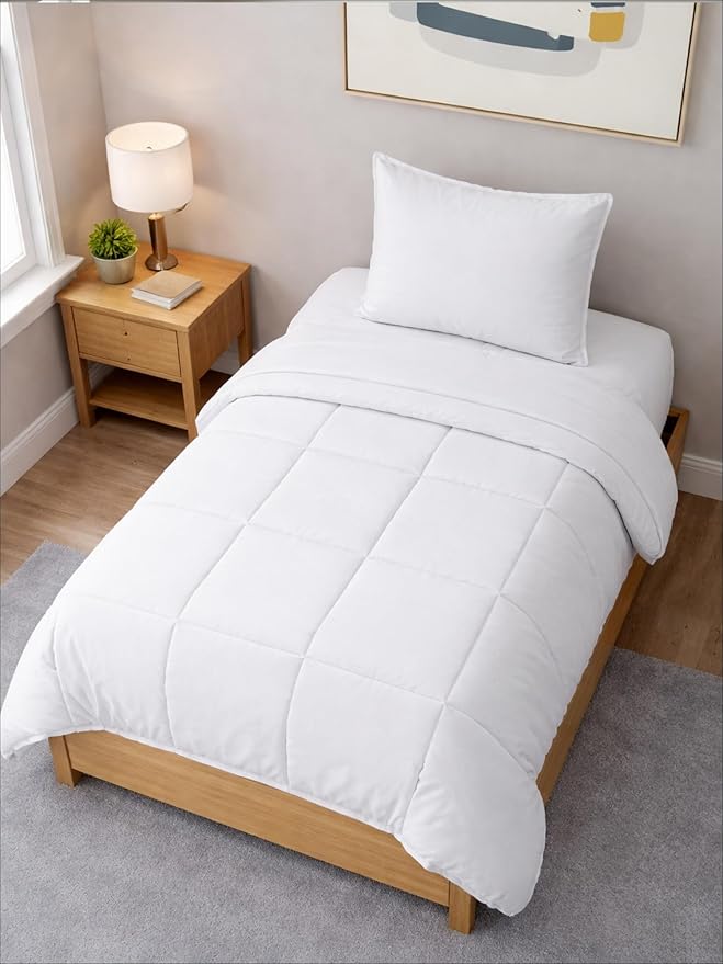 Twin XL Comforter Set - 2 Piece Bed Set for All Seasons - 1 Soft Quilted Comforter with Corner Tabs & 1 Pillow Sham - Comfy & Breathable - Premium Down Duvet Insert - Oeko-TEX - Twin XL Size, White