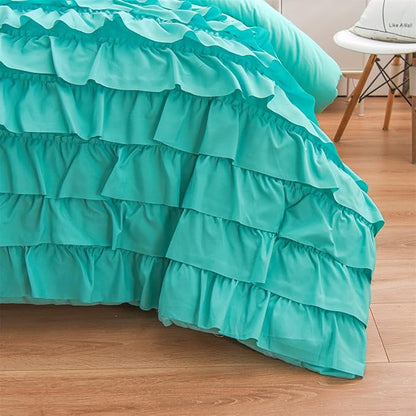 Holawakaka Aqua Waterfall Ruffle Comforter Set Full Size Multi-Layers Ruffled Shabby Chic 3PCS Bedding Set for Girls Women, Kids Teens Ruched Dorm Bed Set