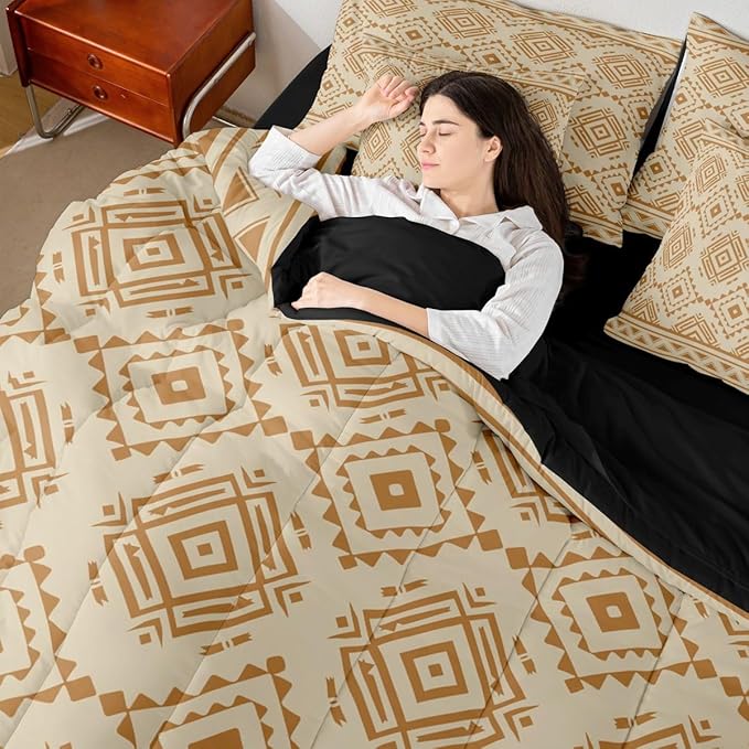 Erosebridal Rustic Western Bed in A Bag 7 Pcs Southwestern Vintage Country Comforter Set for Kids Teens Retro Brown Geometric Bedding Sets Queen Exotic Boho Aztec Sheet Set with Comforter