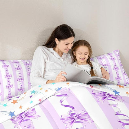 Erosebridal Purple Watercolor Bow Bedding Set Twin Dreamy Princess Style Comforter Set Cute Kawaii Bowknot Bedding Comforter Sets for Kids Girls Teen Women,Romantic Coquette Bow Tie Quilt