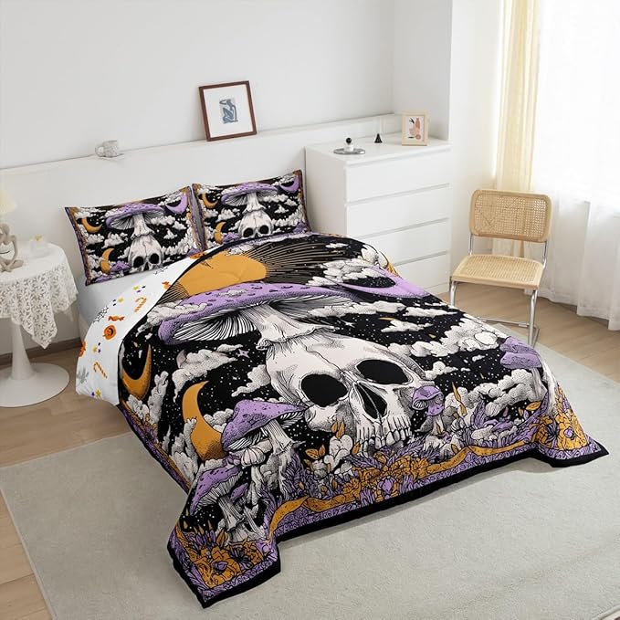 Erosebridal Boys Gothic Halloween Full Comforter Set, Horror Skull Bedding Set Spooky Halloween Decor Comforter for Kids Teens Adults Gothic Bedroom Decor, Moon and Stars Mushroom Quilt 3 Piece