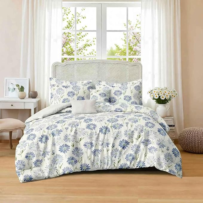 Nanko White And Blue Floral Comforter Set Queen Size 3 Pcs, Dandelion Flower Green Leaf Printed Pattern Soft Microfiber Alternative Duvet, Farmhouse Bedding Set, Bed in a Bag for Women Men Teen, 90x90