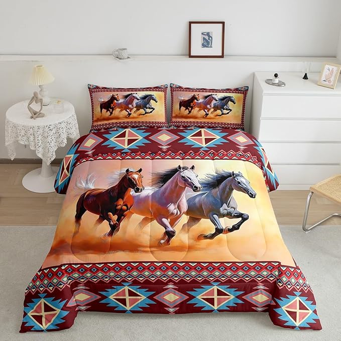 Erosebridal Aztec Comforter Set Western Bedding Set King African Tribal Horse Printed Cowboys Gifts for Men,Southwest Exotic Geometric Triangle Diamond Quilt,Farm Animals Farmhouse Decor,Messy Rust