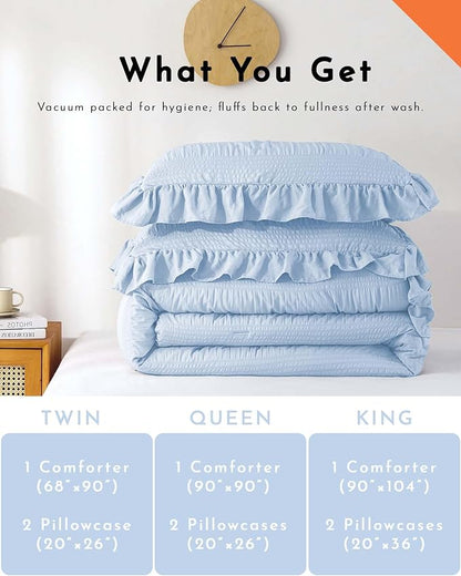 Light Blue Queen Comforter Set, Seersucker Vintage Comforter Ultra-Soft Blue Bedding Set Queen Size 3 Piece Set, Down Alternative Lightweight Comforter Set (Blue, Queen 90"x90")