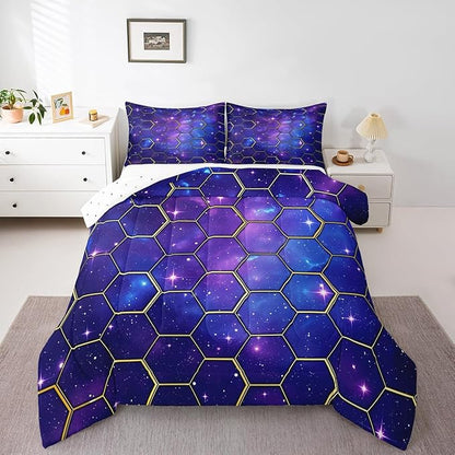 Manfei Yellow Honeycomb Comforter Set King Size, Blue Galaxy Bedding Set 3pcs, Geometric Hexagon Print on Starry Sky Down Comforter for All Season, Kids Boys Girls Room Decor, 2 Pillowcases