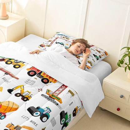 Excavator Comforter Set Twin Size, Tractor Machinery Trucks Bedding Set, Construction Vehicle Down Comforter For Kids Boys, Bulldozer Crane Equipment Truck Duvet Set 2Pcs Room Decor, Yellow Green