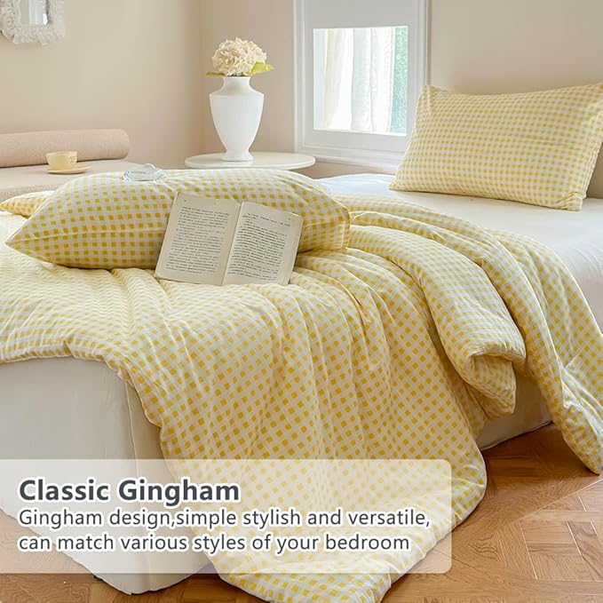 NSNLGSGC Yellow Gingham Cotton Comforter Set Twin, 100% Washed Cotton Plaid Checked Comforter Bedding, 2 Pieces Vintage Farmhouse Grid Bedding Set(Yellow Gingham, Twin)