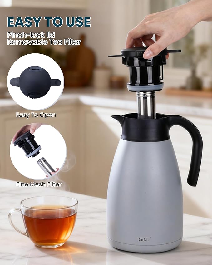 GiNT 74oz Large Thermal Coffee Carafe with Infuser–Insulated Tea Carafe, Removable Filter, Dishwasher-Safe|2.2L 10+ Cups,Wide Mouth,Dual Seal|Stainless Steel Beverage Server for Office&Events