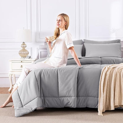 CozyLux Full Size Comforter Sets Grey, 7 Pieces Bed in a Bag, Gray Comforter Full Size, All Season Bedding Sets with Stitch Quilted Comforter, Flat Sheet, Fitted Sheet, Pillowcases