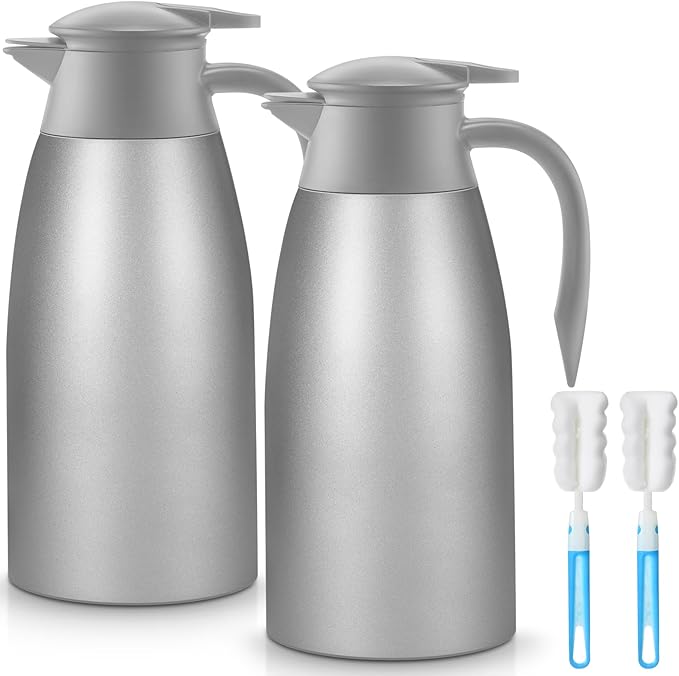 Norme 2 Pcs Thermal Coffee Carafe Insulated Stainless Steel Coffee Carafe for Hot Liquid Vacuum Thermal Pot Creamer Pitcher Dispenser with Brushes Keeping Hot Water Milk(Gray,51 oz)
