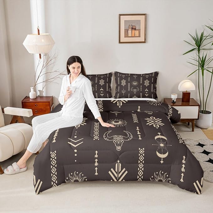 Feelyou Kids Western Decor Comforter Set Southwestern Bedding Set Full Size Bedroom Decor Longhorn Skull Sun Moon Wild Western Cowboy Geometric Comforter Brown Duvet Set with 2 Pillow Case