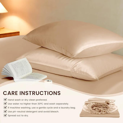THXSILK Luxury Mulberry Silk Fitted Sheet Set 3 Pcs, Queen Silk Bed Sheet Set with 16" Deep Pockets, Soft & Cooling Sheets, 1 Fitted Sheet, 2 Pillowcases with Zipper Closure - Champagne